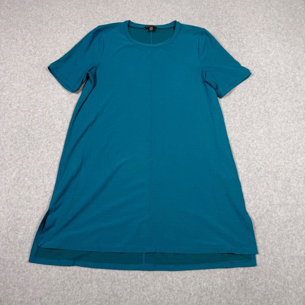 Eileen Fisher Womens Teal Jersey Mini Shirt Dress Short Sleeve Stretch Small